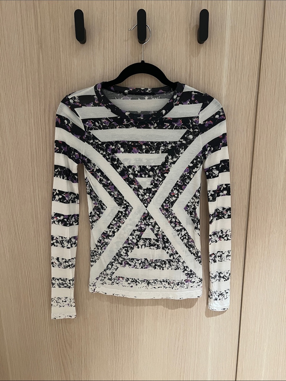 Marc By Marc Jacobs Long-Sleeve Striped Floral Crewneck — Black, White & Purple